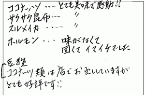 ココナッツチップ・サクサク昆布・素焼きあたりめ・ホルモン揚げのご感想