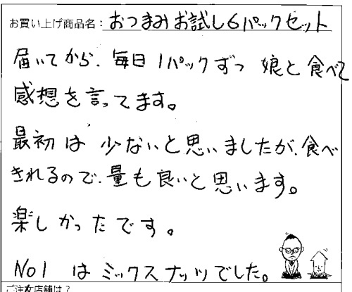 送料無料おつまみ6パックメール便へのご感想を頂きました。