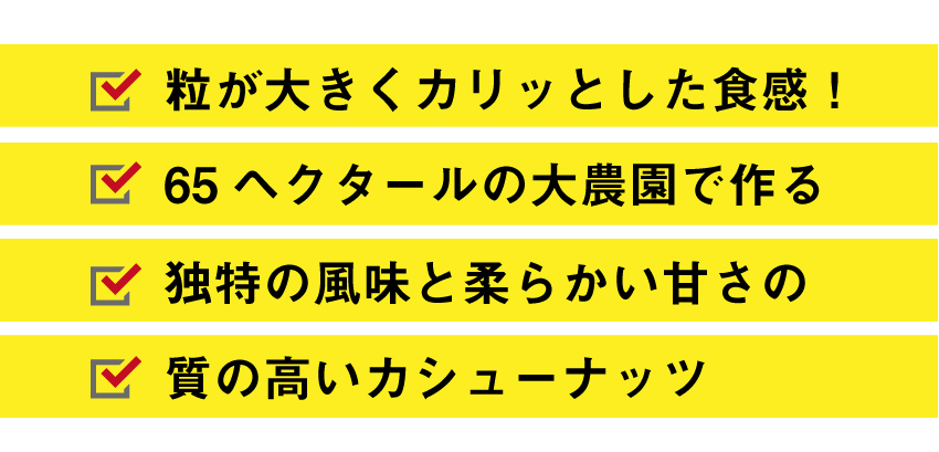 粒が大きくカリッとした食感。65ヘクタールの大農園産。独特の風味と柔らかい甘さ。質の高いカシューナッツ